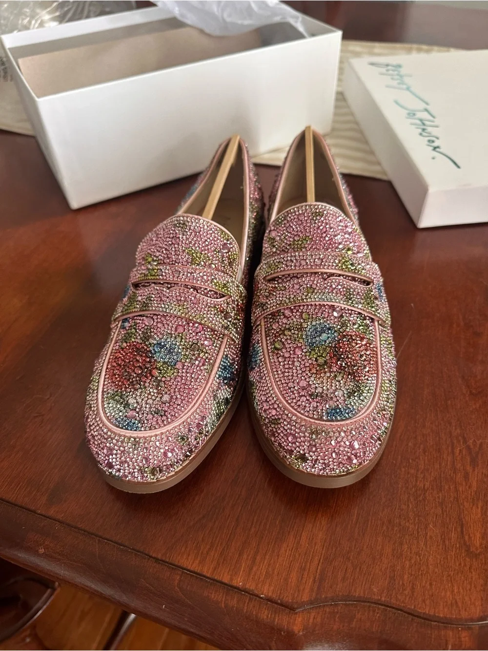 Betsey Johnson Pink Crystal Floral Embellished Loafers